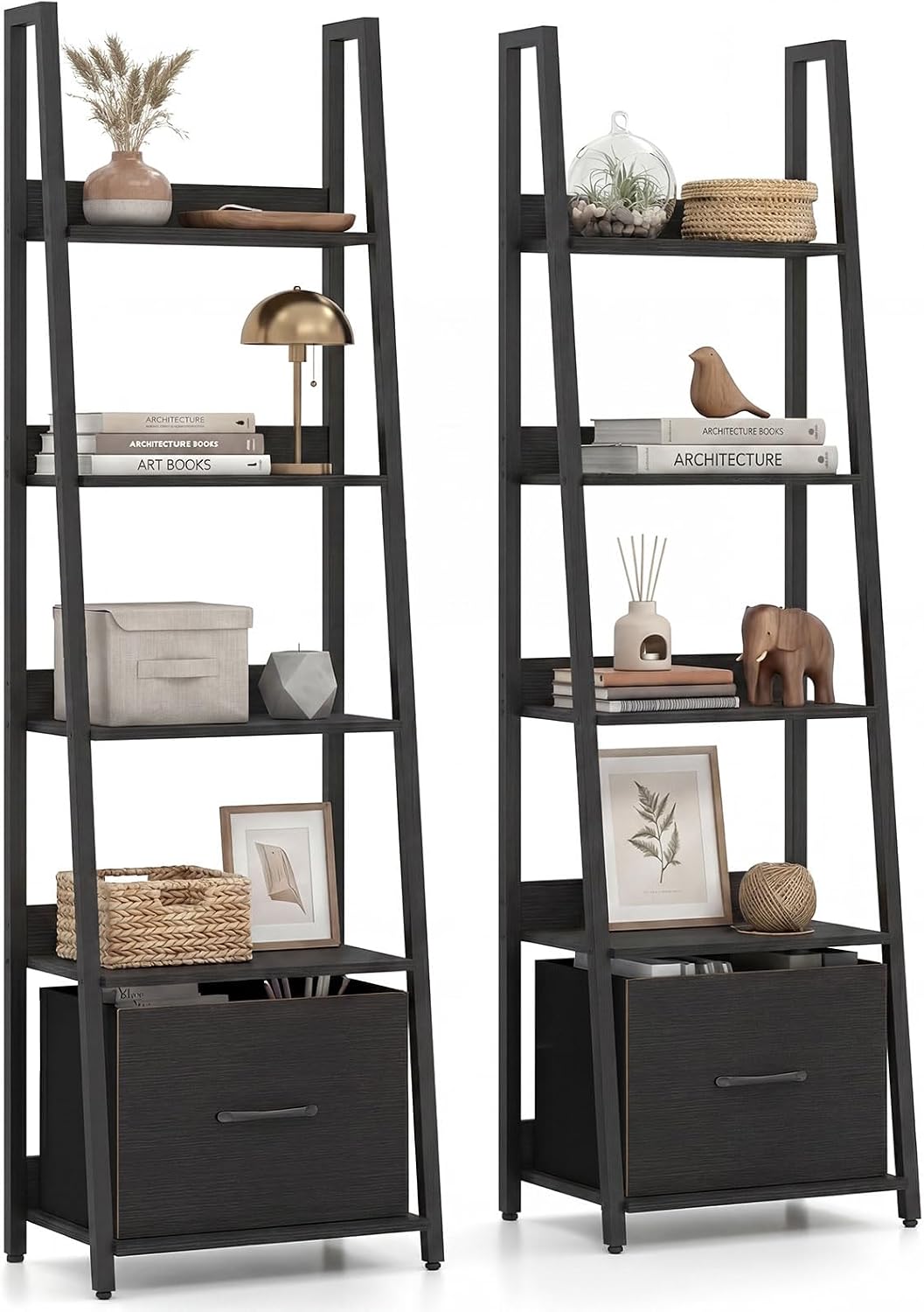 Tangkula 5-Tier Narrow Ladder Bookshelf with Fabric Drawer (1/2)
