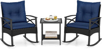 3 Pieces Rattan Outdoor Rocking Chairs Set with 2-Tier Tempered Glass Coffee Table
