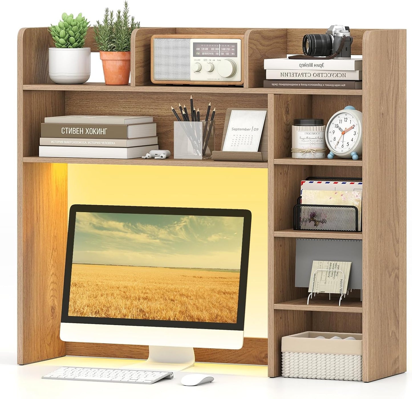 Tangkula Desktop Bookshelf with LED Lights & 8 Shelves for Max 25" Monitor