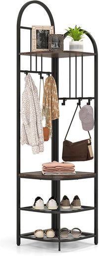 Tangkula 4-Tier Coat Rack Corner Hall Tree with Shoe Storage Bench