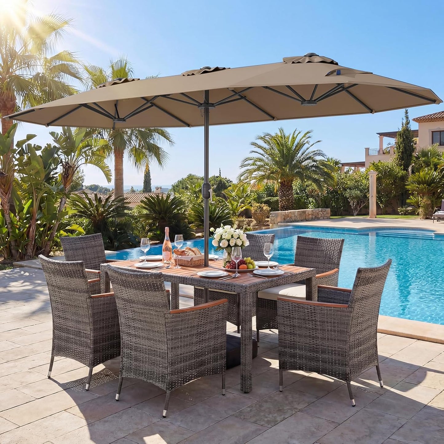 Tangkula 9 Piece Rattan Outdoor Dining Set with 13Ft Umbrella for 6