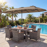 Tangkula 9 Piece Rattan Outdoor Dining Set with 13Ft Umbrella for 6