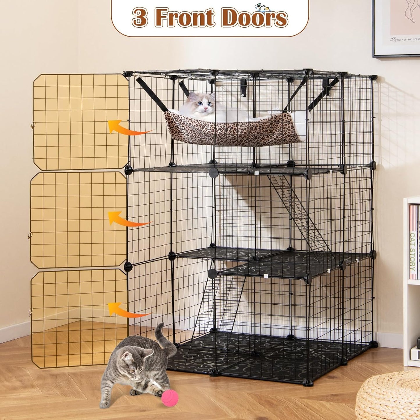 Tangkula Cat Cage Indoor 3-Tier Cat Enclosure with Skylight Hammock 2 Ladders
