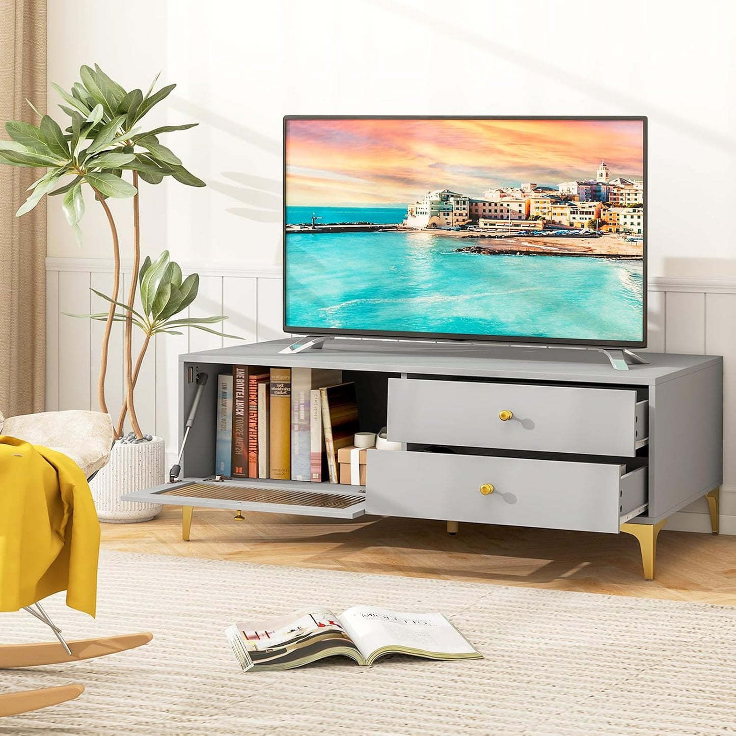 Tangkula Gray TV Stand for 55-Inch TV, 47.5” TV Console Table with Drawers