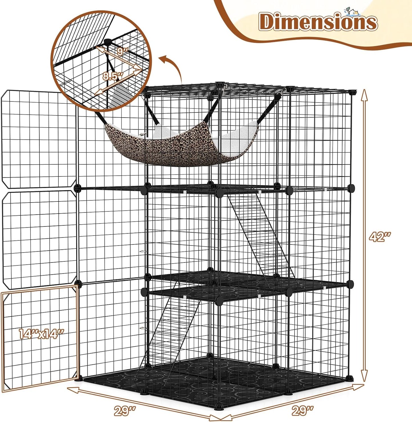 Tangkula Cat Cage Indoor 3-Tier Cat Enclosure with Skylight Hammock 2 Ladders