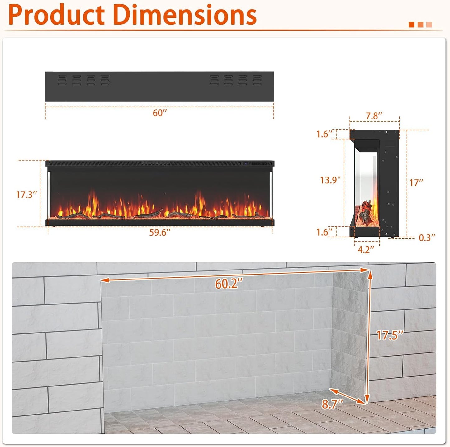 Tangkula 36/40/50/60 Inches 3-Sided Electric Fireplace Insert