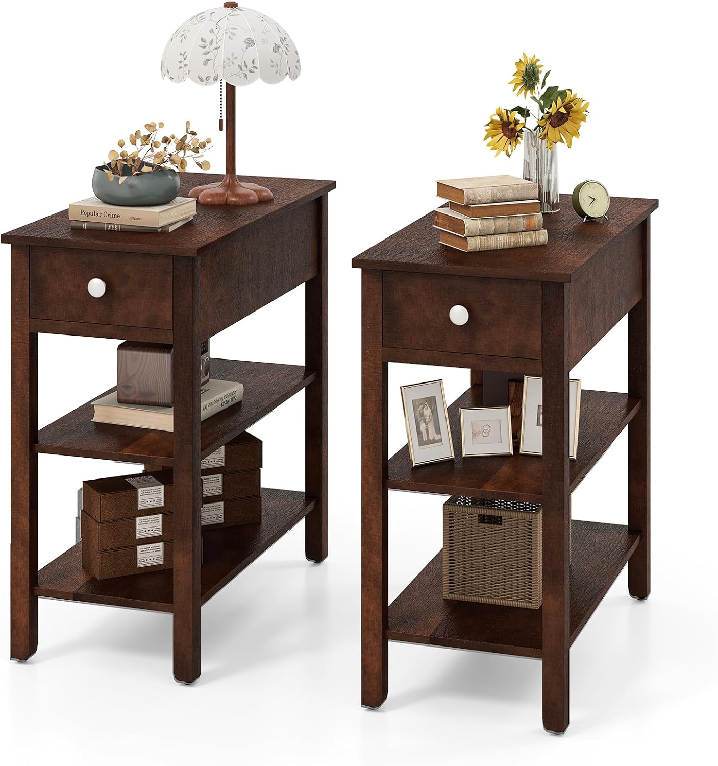 Tangkula Narrow End Table Set 24.5”H Farmhouse Side Table with Drawer