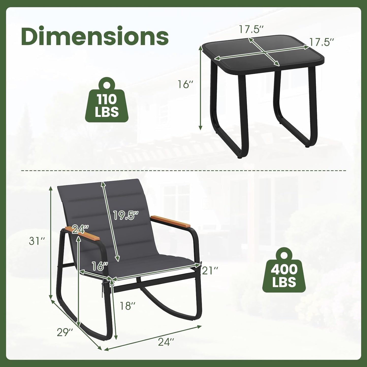 Tangkula 3 Piece Outdoor Rocking Bistro Set | Porch Rocker Chairs with Tempered Glass Table