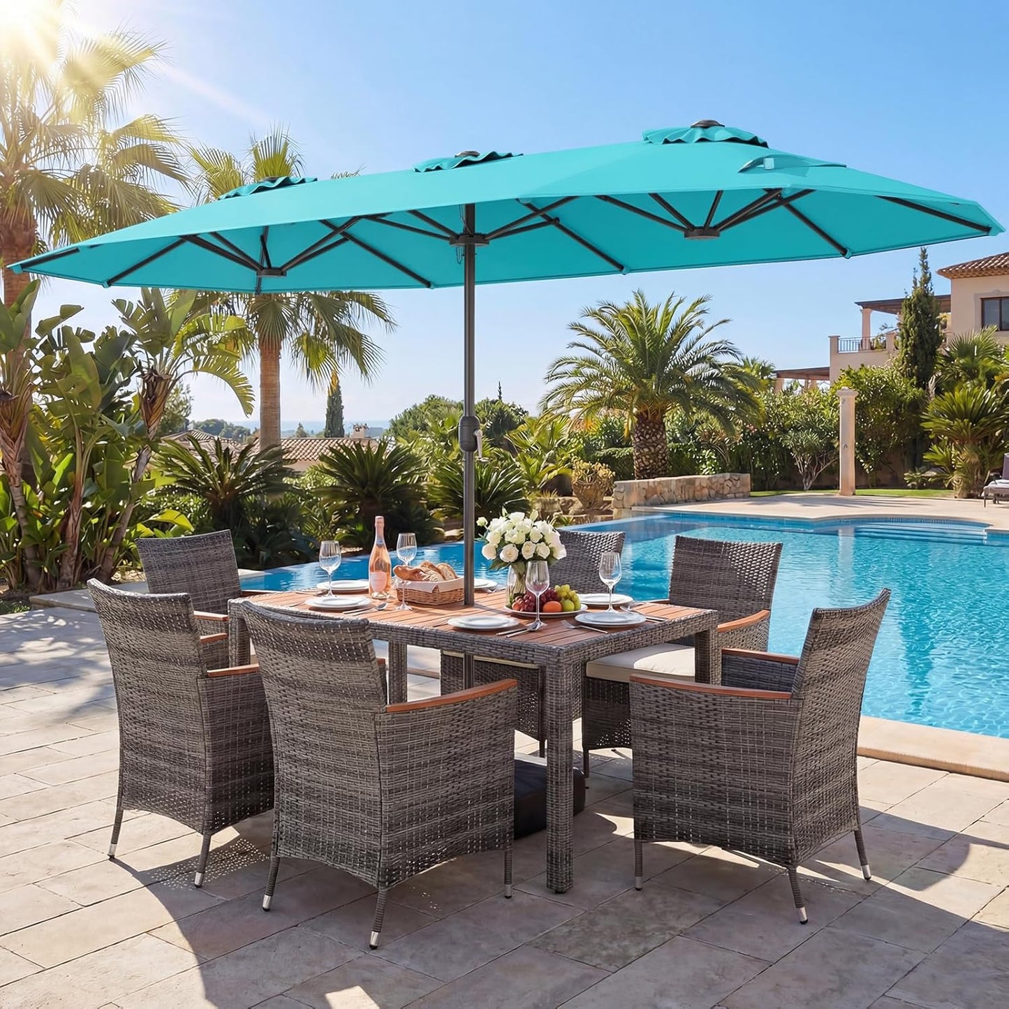 Tangkula 9 Piece Rattan Outdoor Dining Set with 13Ft Umbrella for 6