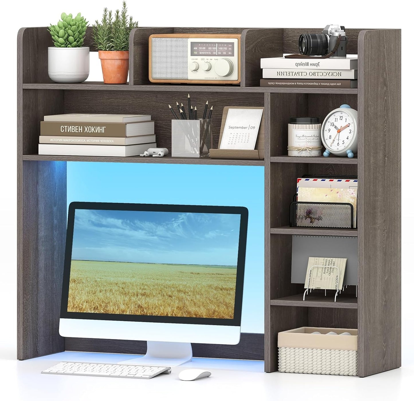 Tangkula Desktop Bookshelf with LED Lights & 8 Shelves for Max 25" Monitor