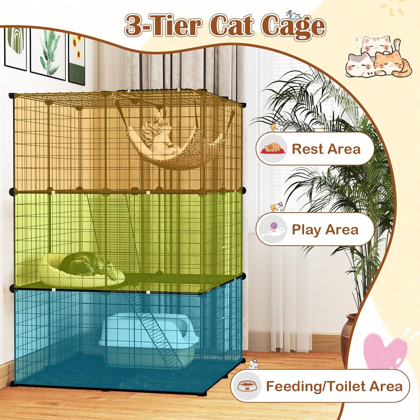 Tangkula Cat Cage Indoor 3-Tier Cat Enclosure with Skylight Hammock 2 Ladders