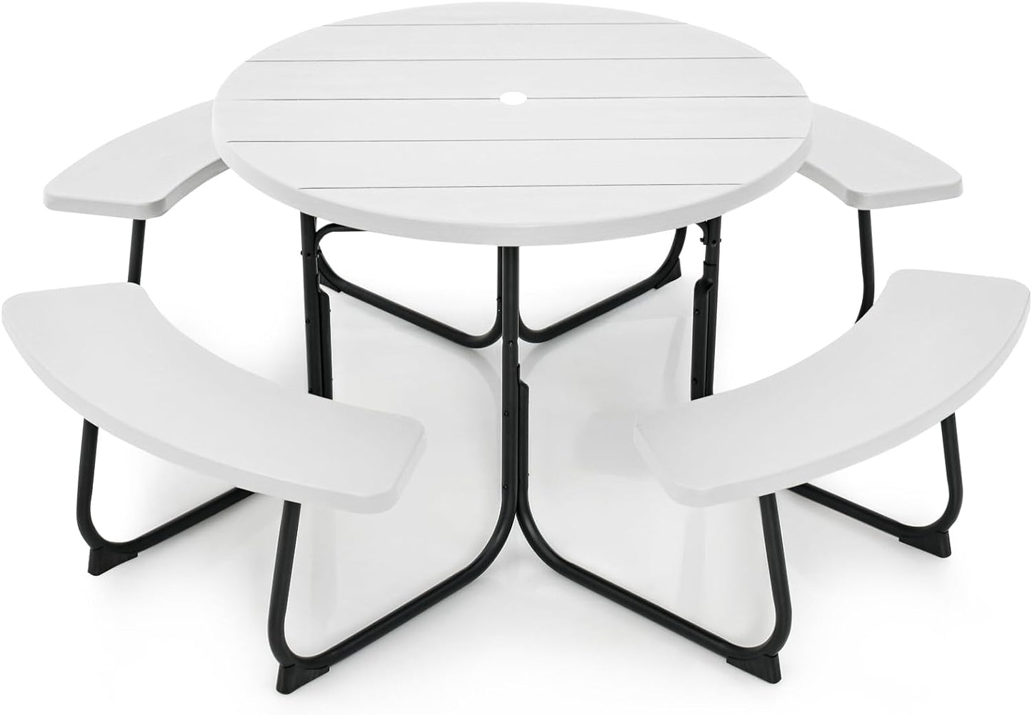 Tangkula 8 Person Picnic Table, Outdoor Round Picnic Table with 4 Built-in Benches, Umbrella Hole