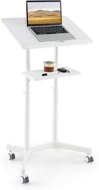 Tangkula Mobile Lectern Podium, Height-Adjustable Rolling Laptop cart with Tilting Top, Storage Tray & Cup Holder