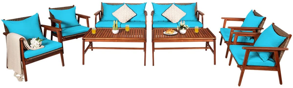 4/8PCS Patio Wood Sofa Set, Outdoor Acacia Wood Seating Chat Set with Cushions & Coffee Table