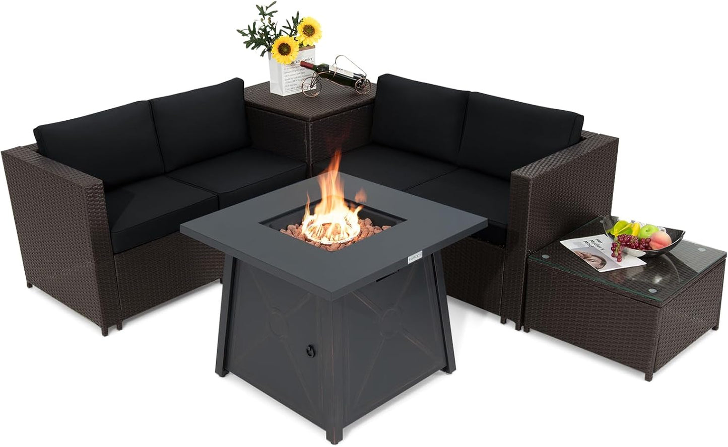 Tangkula Ensemble de mobilier de jardin 5 pièces avec table de foyer au propane de 50 000 BTU, salon de conversation extérieur en osier