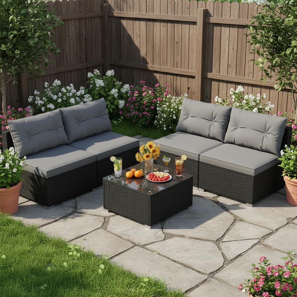 Tangkula Salon de jardin 5 pièces en rotin, ensemble de meubles d'extérieur en osier avec coussins d'assise et de dossier