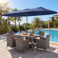 Tangkula 9 Piece Rattan Outdoor Dining Set with 13Ft Umbrella for 6
