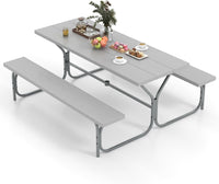 Tangkula 6 Ft Picnic Table, Outdoor Picnic Table with 2 Built-in Benches, Umbrella Hole, Metal Frame & HDPE Tabletop