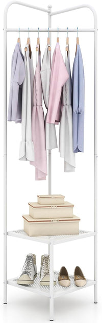 Tangkula Corner Coat Rack with Storage, Simple Hall Tree with Hanging Rod & 2 Mesh Shelves