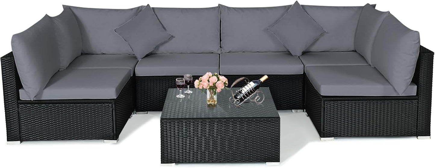 Tangkula 7 Piece Patio Furniture Set, Outdoor Sectional Sofa with 2 Pillows and Cushions