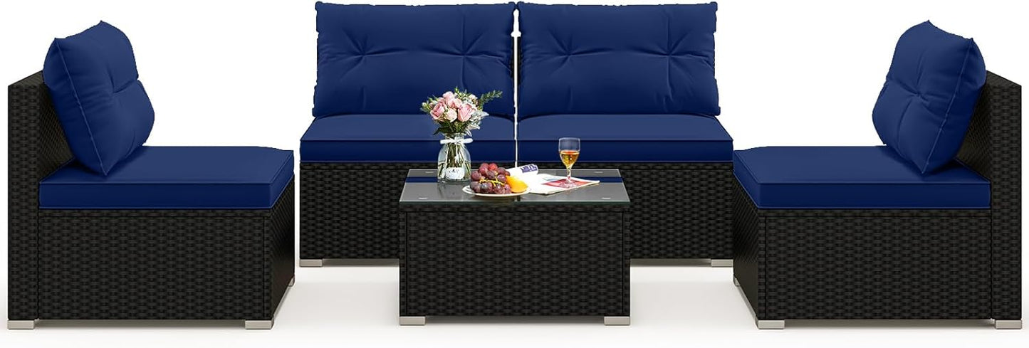 Tangkula 5 Piece Rattan Sofa Set, Outdoor Wicker Furniture Set w/Seat & Back Cushions
