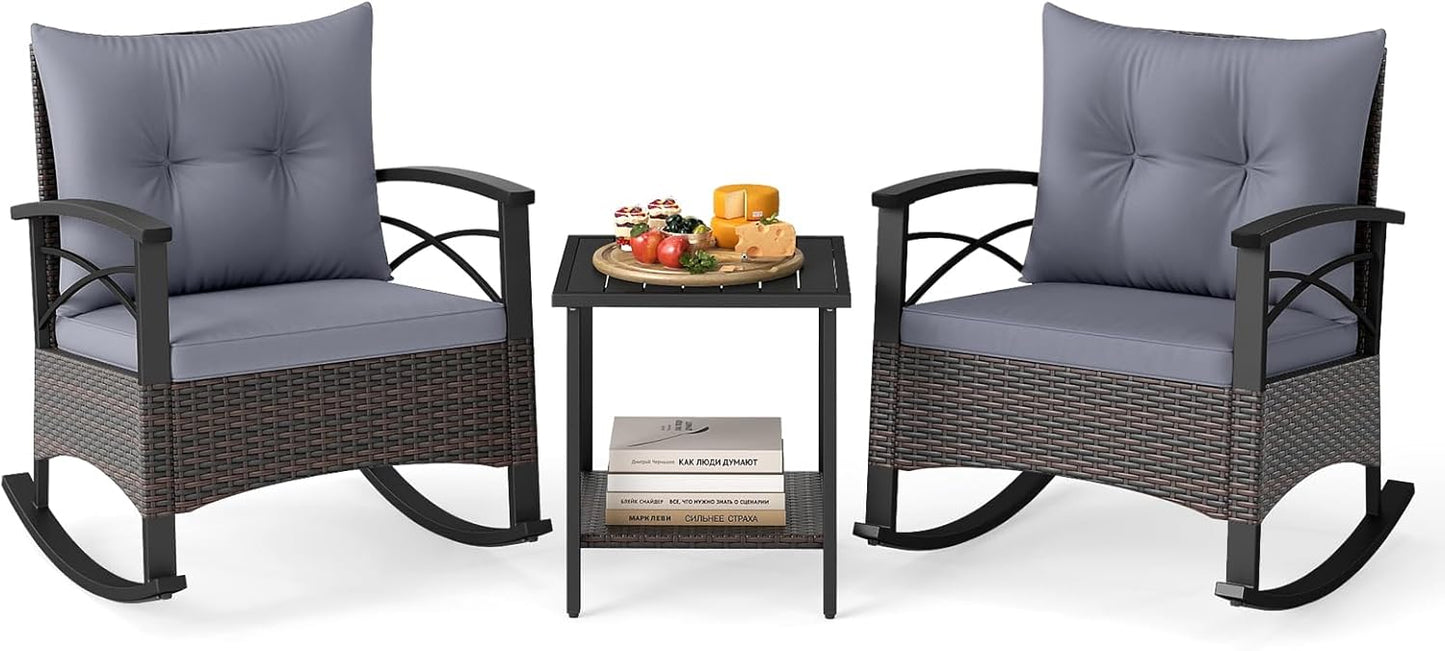Tangkula 3 Piece Rattan Rocker Bistro Set with Double-Tier Side Table for Porch Balcony Backyard