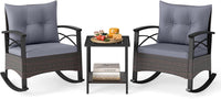 Tangkula 3 Piece Rattan Rocker Bistro Set with Double-Tier Side Table for Porch Balcony Backyard