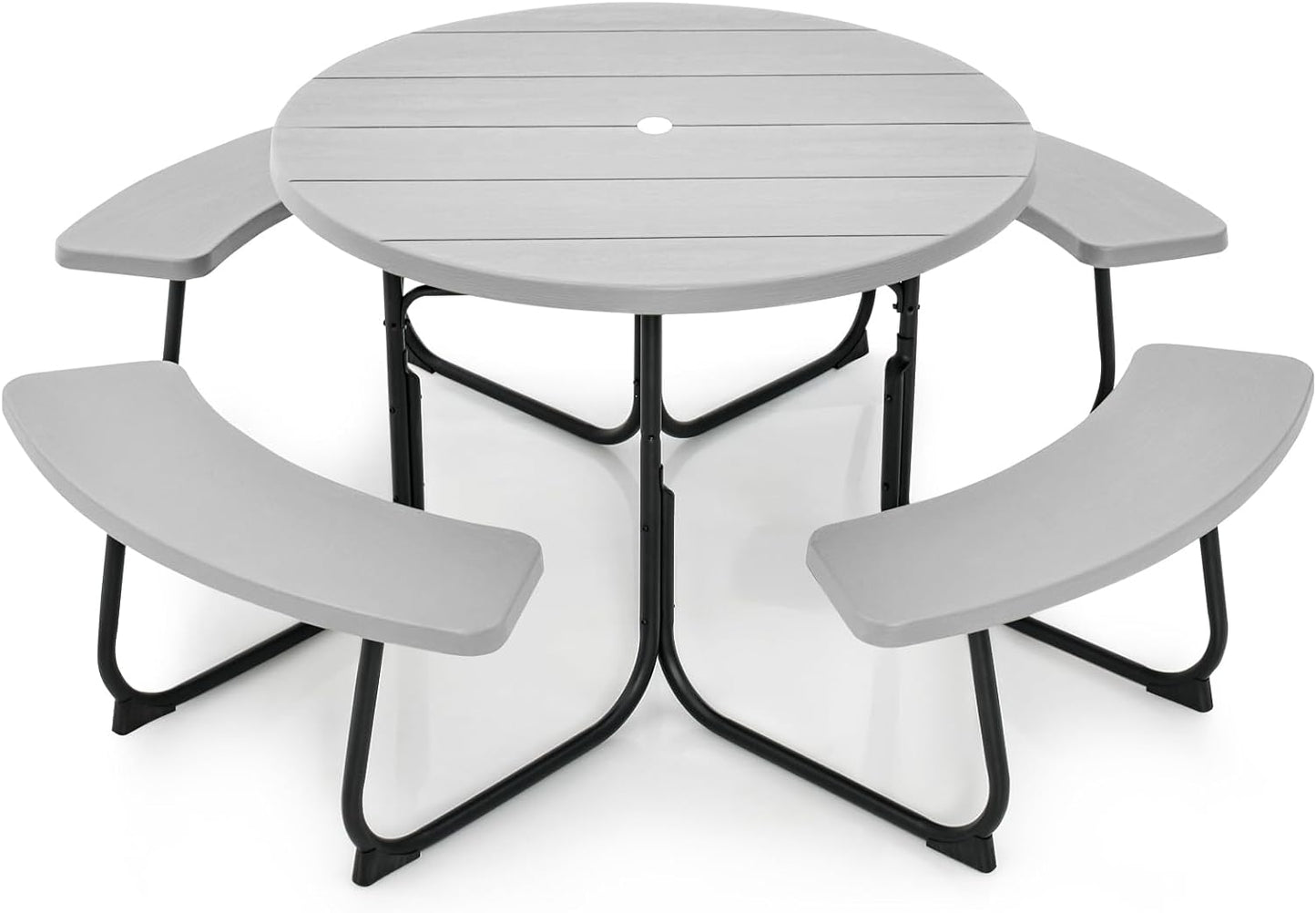 Tangkula 8 Person Picnic Table, Outdoor Round Picnic Table with 4 Built-in Benches, Umbrella Hole