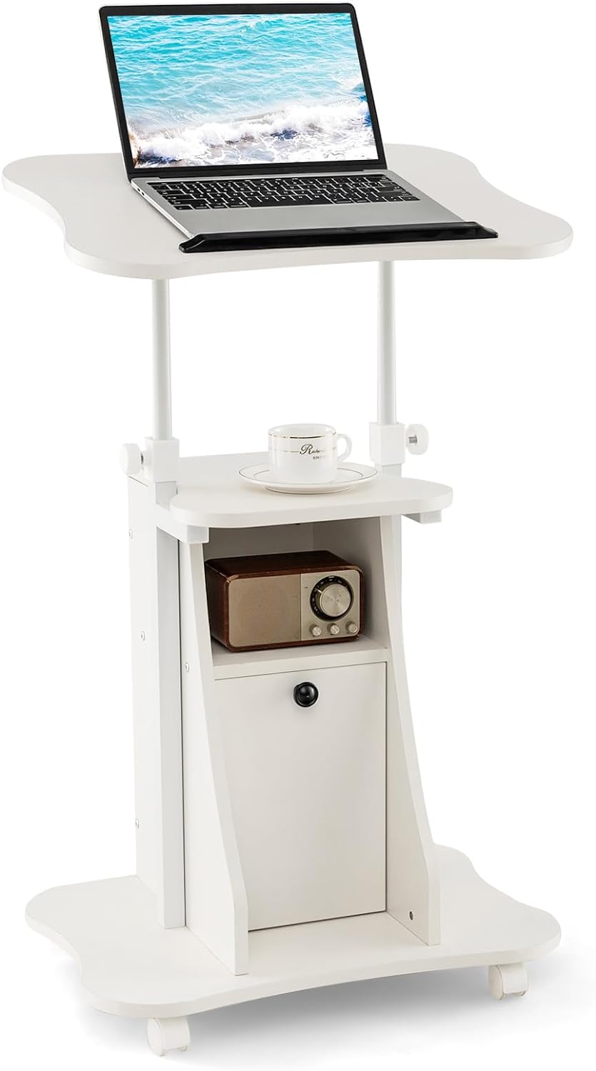 Mobile Laptop Podium, Height Adjustable Sit to Stand Desk with Tilting Desktop & Storage Cabinet