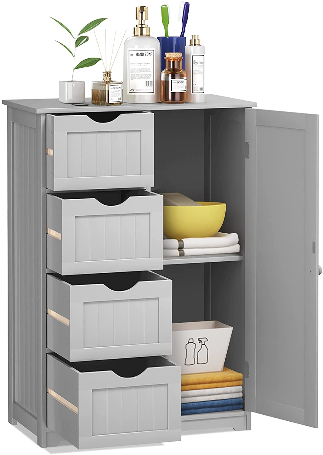 Bathroom Floor Cabinet, Free Standing Storage Cabinet with 4 Drawers & Single Door, 22 x 12 x 32 Inches