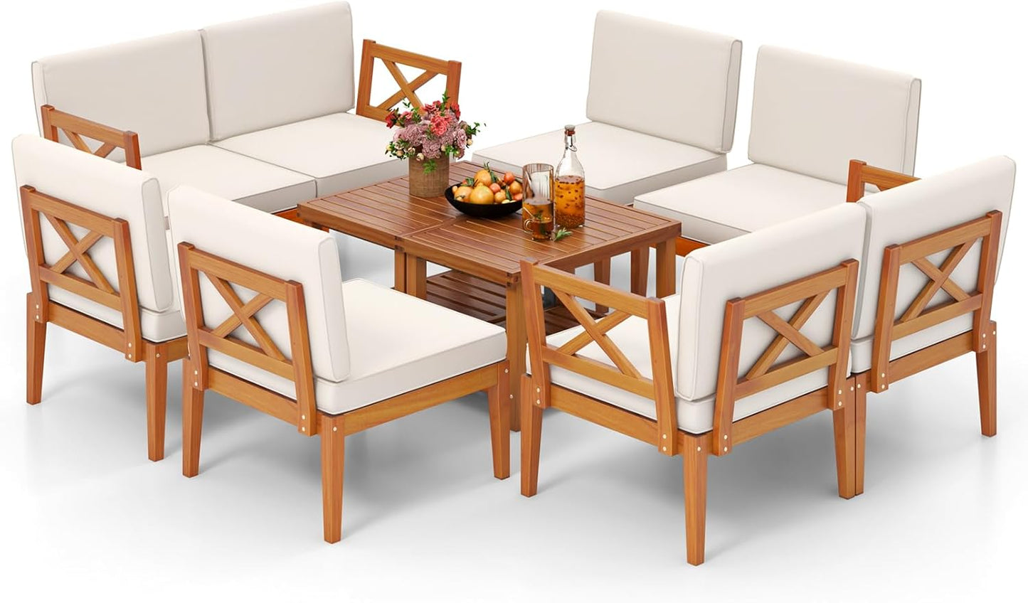 Tangkula 5/10 Pieces Acacia Wood Patio Furniture Set, Outdoor Sectional Conversation Set with Cushions
