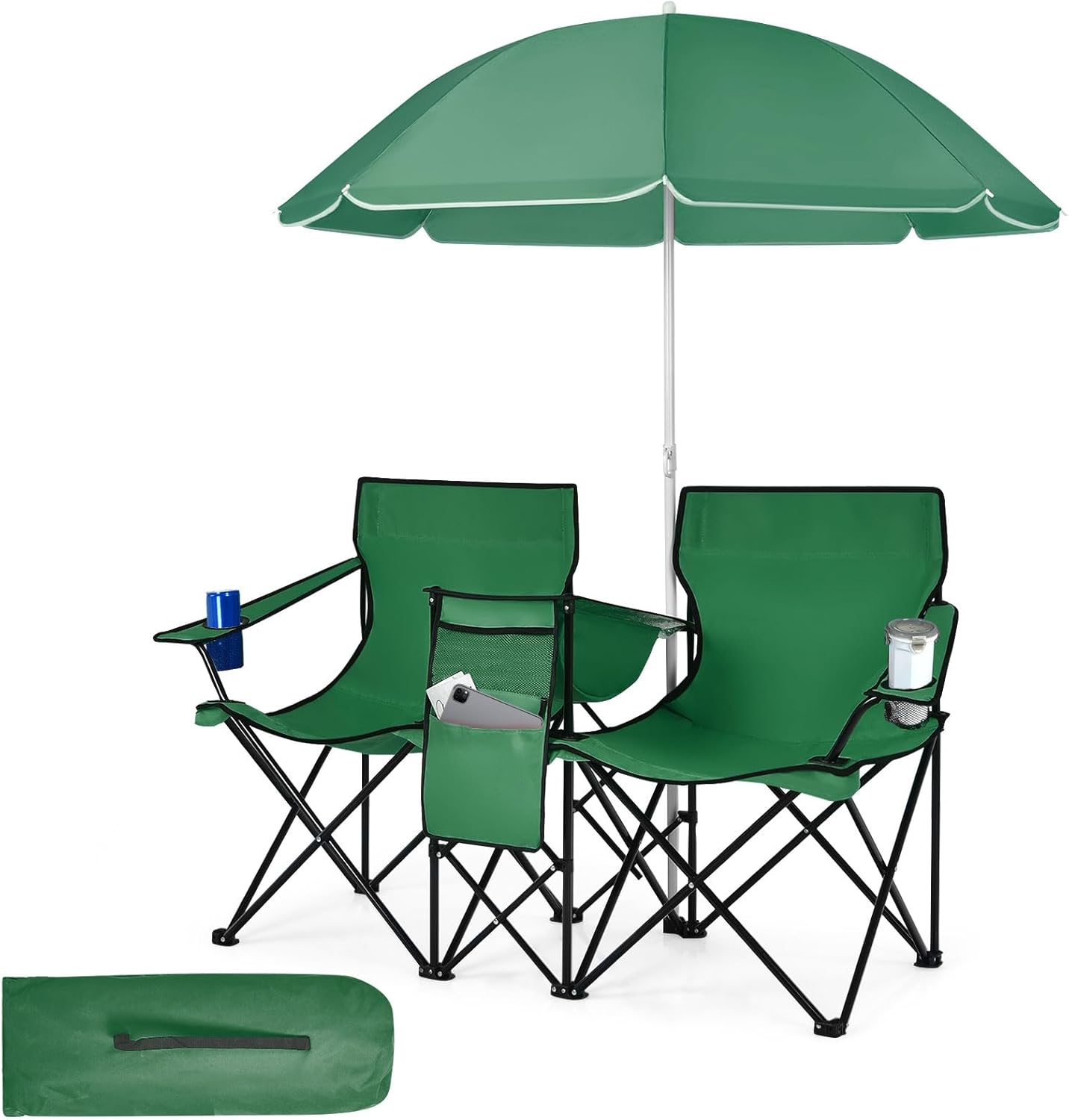 Tangkula Double Camping Chairs with Umbrella, Portable 2 Seat Folding Camp Chair with Cooler Bag