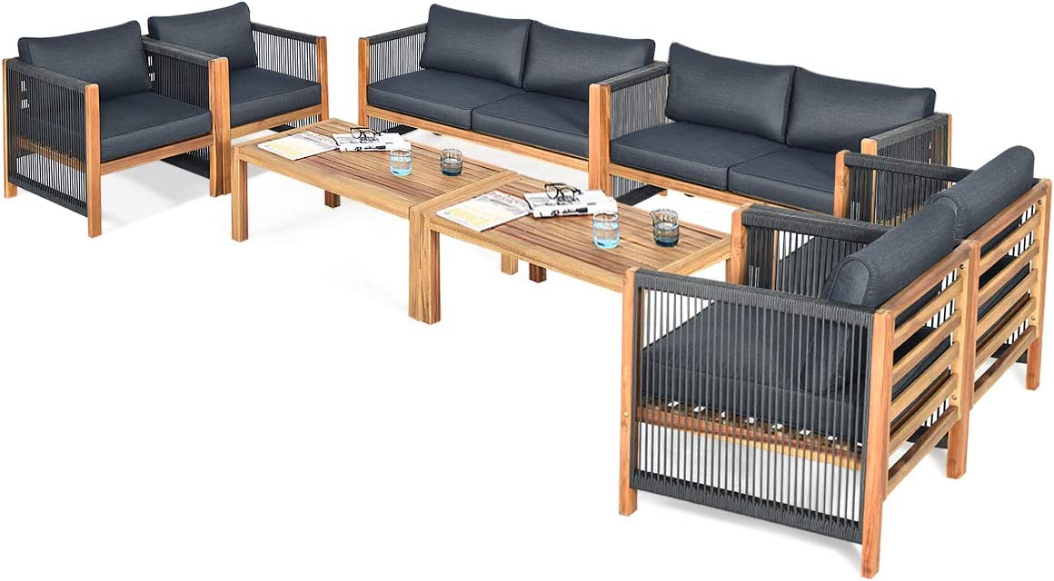 Outdoor Wood Furniture Set, Acacia Wood Frame Loveseat Sofa, 2 Single Chairs and Coffee Table