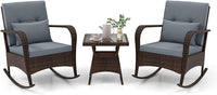 Tangkula 3 Pieces Rocking Bistro Set, Patiojoy Outdoor PE Rattan Rocker Chairs with Removable Cushions & Tempered Glass Top Coffee Table