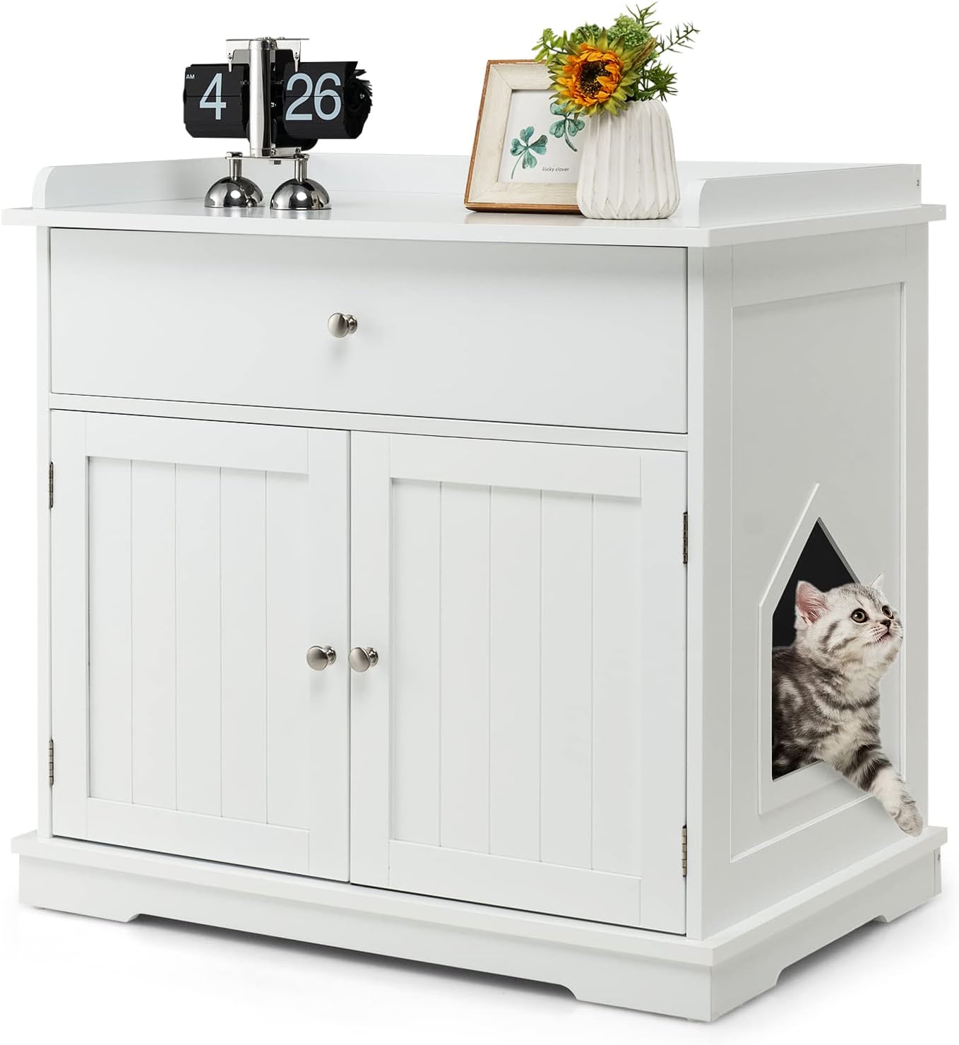 Tangkula Litter Box Enclosure, Cat Litter Box Furniture Hidden with Large Drawer, 2 Doors