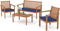 Tangkula 4 Piece Patio Wood Furniture Set, Acacia Wood Sofa Set w/Loveseat, 2 Chairs & Coffee Table