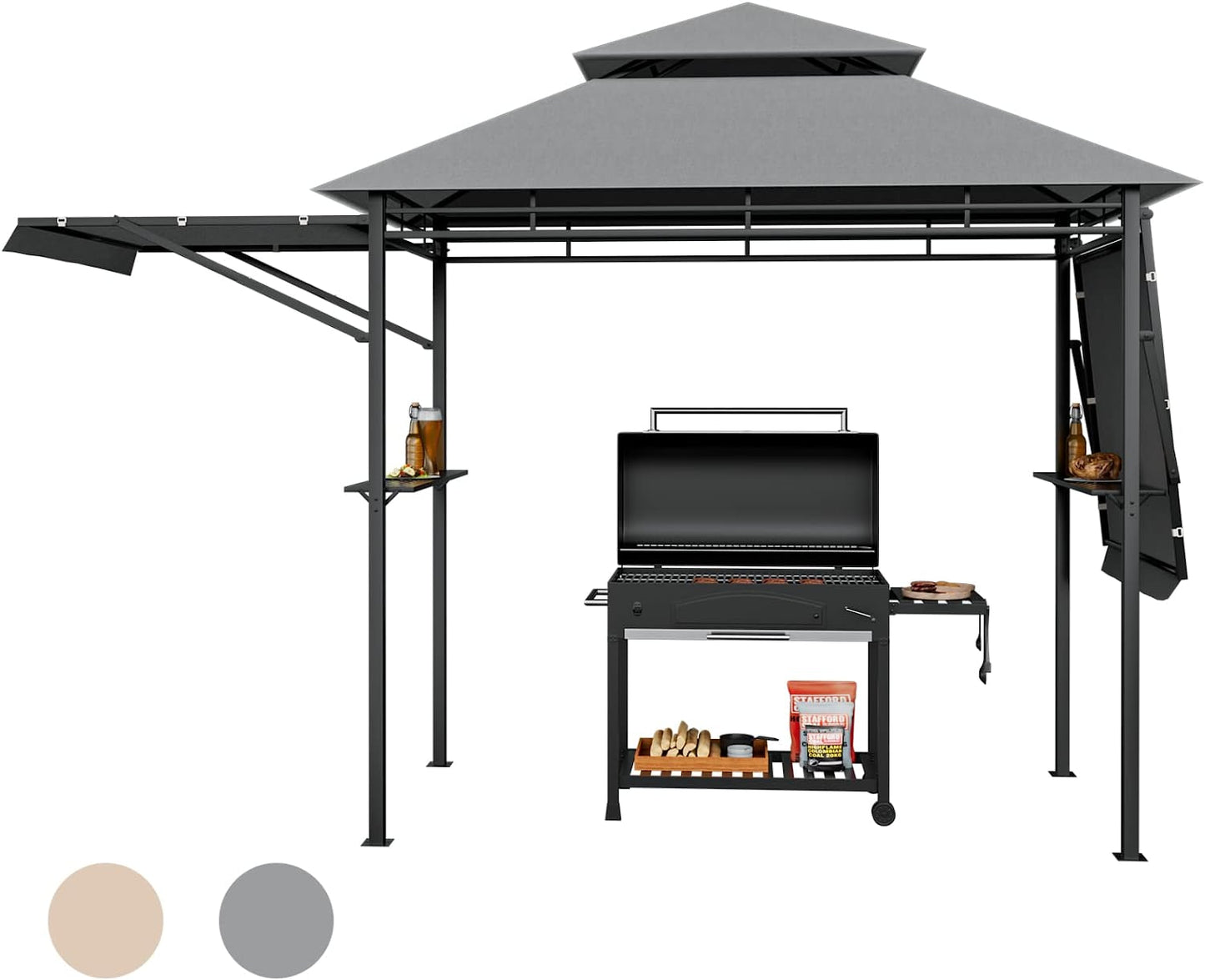 Tangkula 13.5x4 Ft Grill Gazebo with Dual Side Awnings, Double Tier BBQ Gazebo with 2 Side Shelves