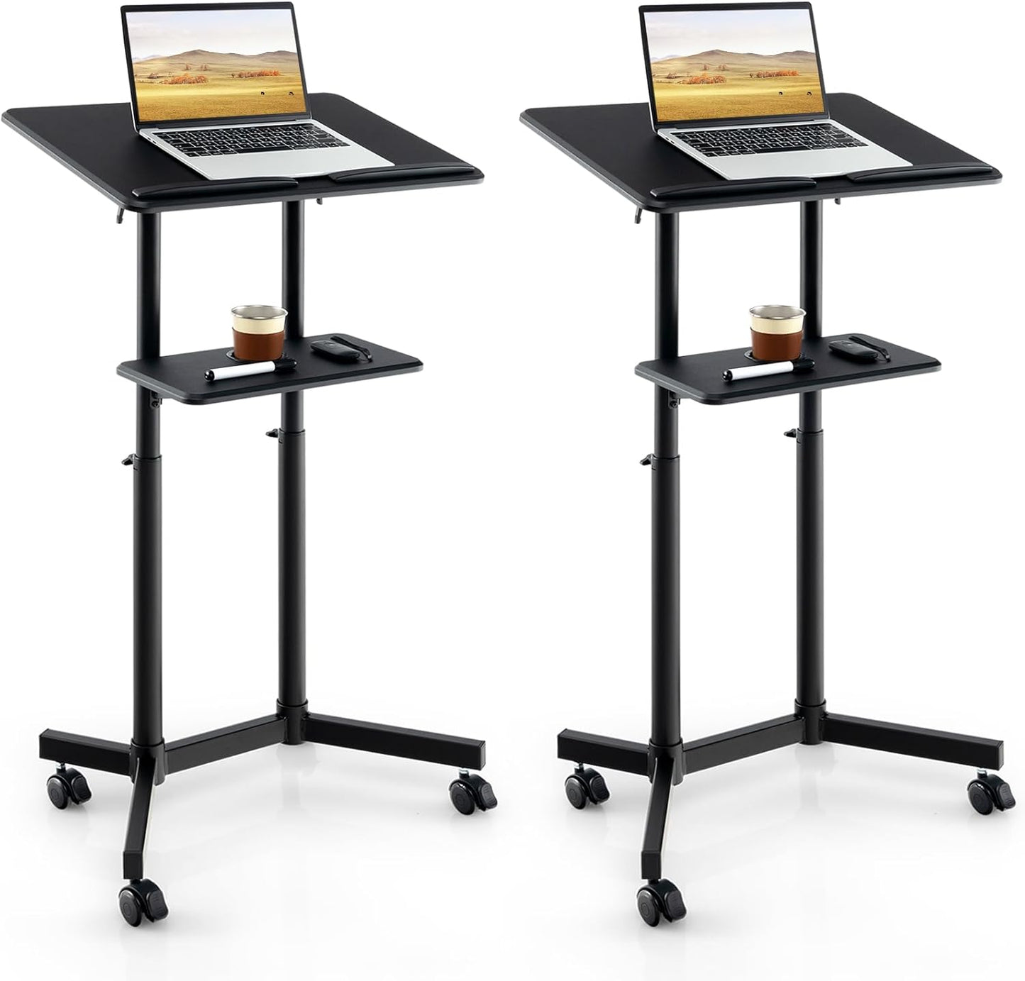 Tangkula Mobile Lectern Podium, Height-Adjustable Rolling Laptop cart with Tilting Top, Storage Tray & Cup Holder