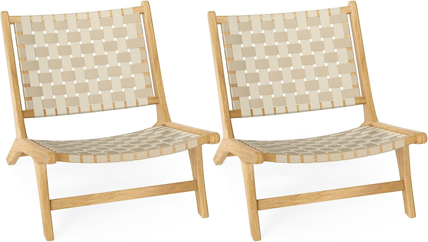 Chaise de patio Tangkula en bois de teck sans accoudoirs avec assise et dossier en sangle