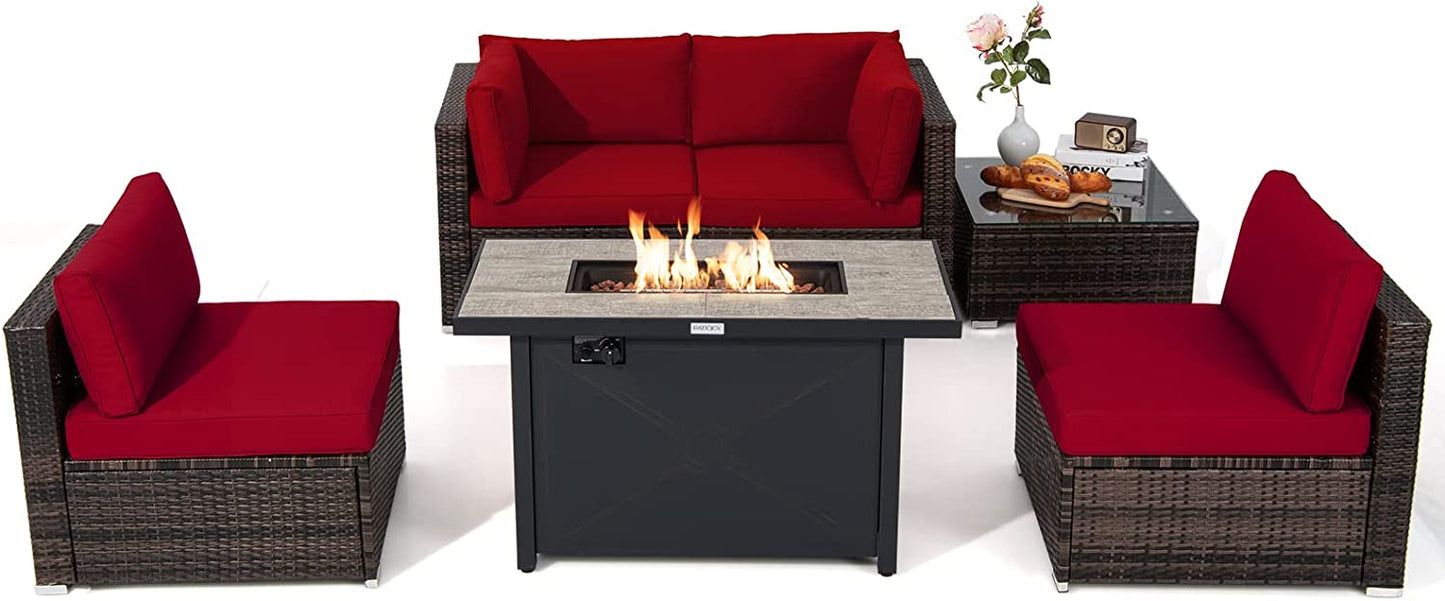 Tangkula 6 Pieces PE Rattan Wicker Sectional Sofa with 42" 60,000 BTU Gas Fire Pit Table