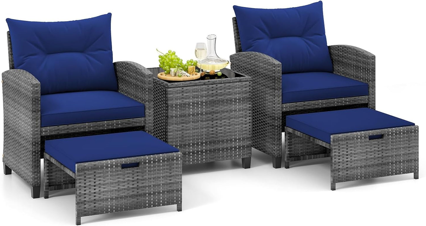 Tangkula 5 Piece Patio Rattan Furniture, Wicker Cushioned Chairs Set w/ 2 Ottomans & Tempered Glass Coffee Table