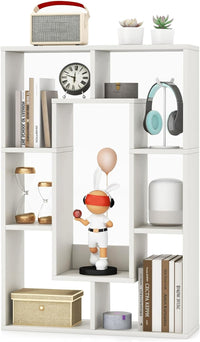 Tangkula 35.5” Geometric Bookshelf, Freestanding Wood Open Bookcase with 7 Cubes, Anti-Toppling Devices