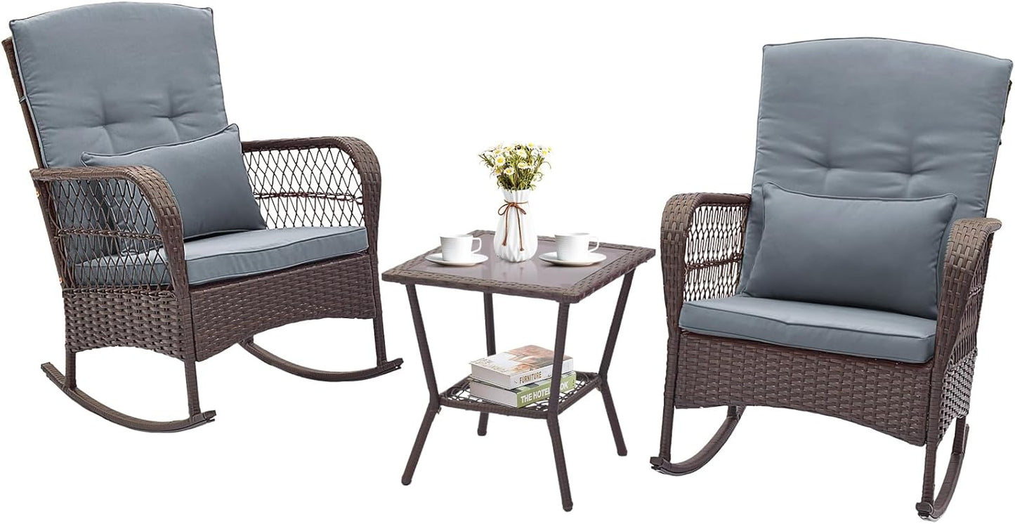 Tangkula 3 Piece Patio Rocker Set, Patiojoy Outdoor Wicker Rocking Chairs w/Double-Layer Coffee Table