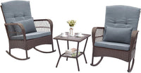 Tangkula 3 Piece Patio Rocker Set, Patiojoy Outdoor Wicker Rocking Chairs w/Double-Layer Coffee Table