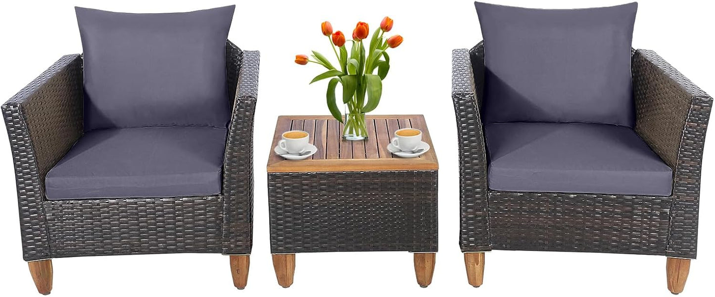 Tangkula 3 Pieces Patio Porch Furniture Set, PE Rattan Wicker Chair Conversation Set with Cushions and Storage Table