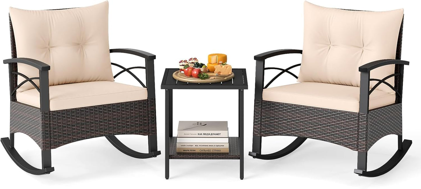Tangkula 3 Piece Rattan Rocker Bistro Set with Double-Tier Side Table for Porch Balcony Backyard