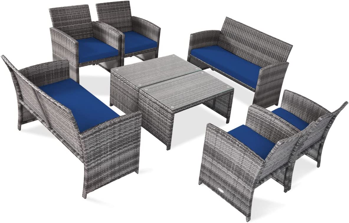 Tangkula 4/8 PCS Wicker Patio Conversation Set, Outdoor Rattan Sofas with Table Set