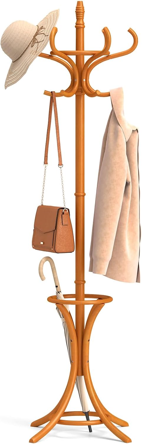 Tangkula Coat Rack with Umbrella Holder, 73 Inch Freestanding Coat Hanger Stand with 12 Hooks