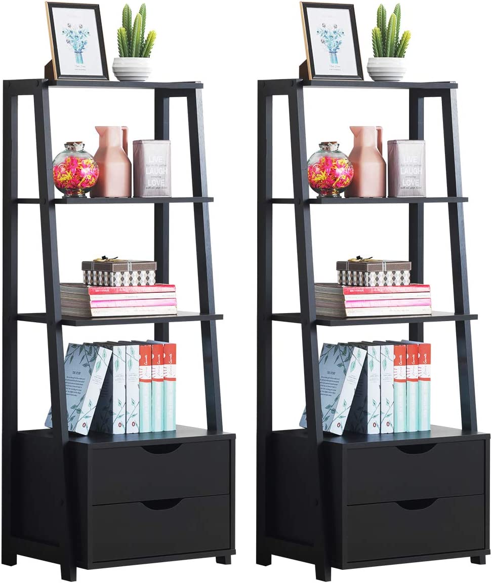 Tangkula Ladder Shelf Bookcase, Free Standing 4-Tier Bookshelf with 2 Storage Drawers