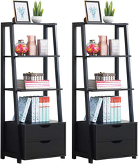 Tangkula Ladder Shelf Bookcase, Free Standing 4-Tier Bookshelf with 2 Storage Drawers